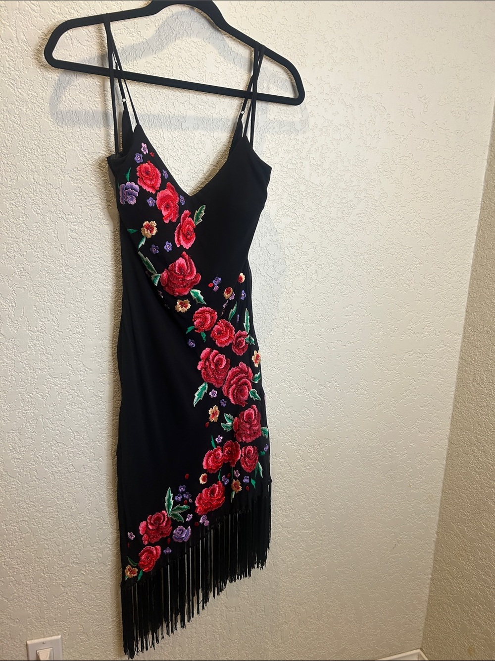 Caché Black Floral Embroidered Fringe Slip Dress